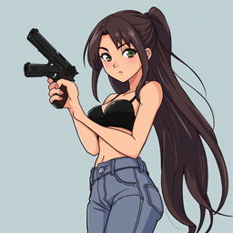 A girl with long flowing hair, dressed in a black bra and fitted jean pants, confidently holding a sleek black pistol for defense purposes