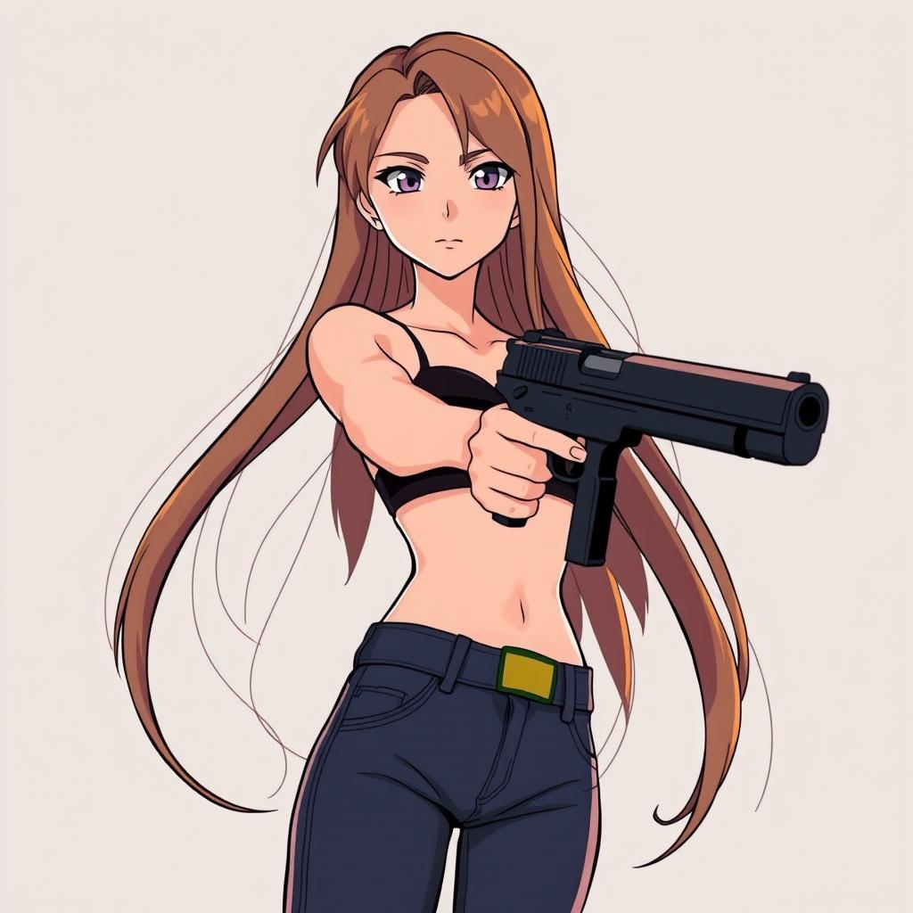 A girl with long flowing hair, dressed in a black bra and fitted jean pants, confidently holding a sleek black pistol for defense purposes
