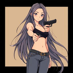 A girl with long flowing hair, dressed in a black bra and fitted jean pants, confidently holding a sleek black pistol for defense purposes