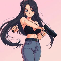 A girl with long flowing hair, dressed in a black bra and fitted jean pants, confidently holding a sleek black pistol for defense purposes