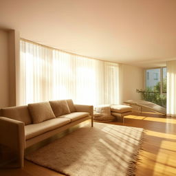 A spacious and well-lit living room with modern furniture, a stylish rug on polished wooden floor and a large window letting in warm sunlight.