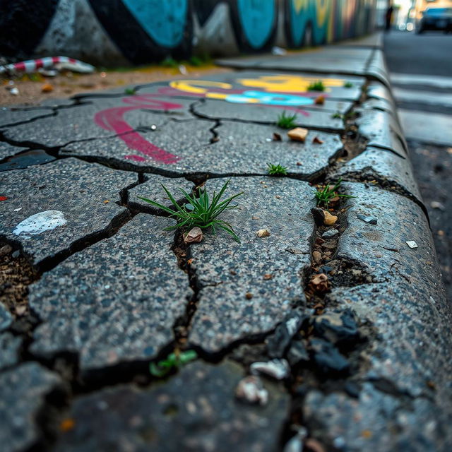 A detailed close-up photo capturing an urban surface, showcasing intricate textures like cracked concrete, weathered asphalt, vibrant graffiti, and patches of grass peeking through