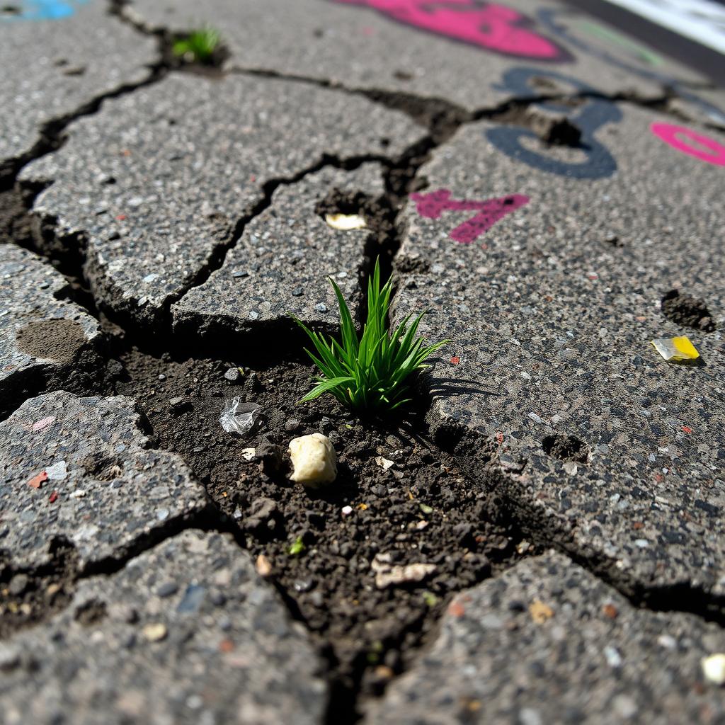 A detailed close-up photo capturing an urban surface, showcasing intricate textures like cracked concrete, weathered asphalt, vibrant graffiti, and patches of grass peeking through