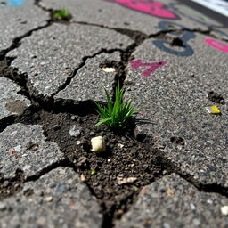 A detailed close-up photo capturing an urban surface, showcasing intricate textures like cracked concrete, weathered asphalt, vibrant graffiti, and patches of grass peeking through