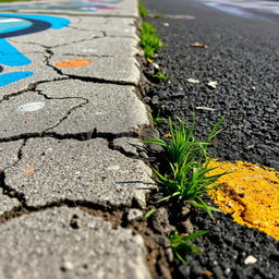 A detailed close-up photo capturing an urban surface, showcasing intricate textures like cracked concrete, weathered asphalt, vibrant graffiti, and patches of grass peeking through