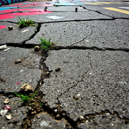 A detailed close-up photo capturing an urban surface, showcasing intricate textures like cracked concrete, weathered asphalt, vibrant graffiti, and patches of grass peeking through