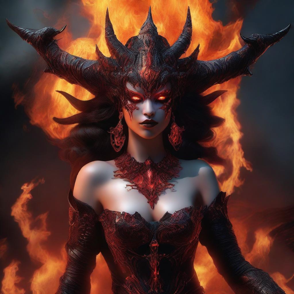 A compelling digital art image portrays a demon queen, intent on bathing everything in an entertaining fire