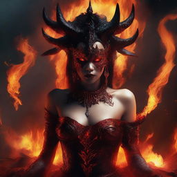 A compelling digital art image portrays a demon queen, intent on bathing everything in an entertaining fire