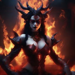 A compelling digital art image portrays a demon queen, intent on bathing everything in an entertaining fire