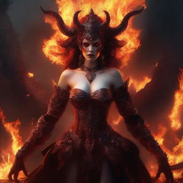 A compelling digital art image portrays a demon queen, intent on bathing everything in an entertaining fire