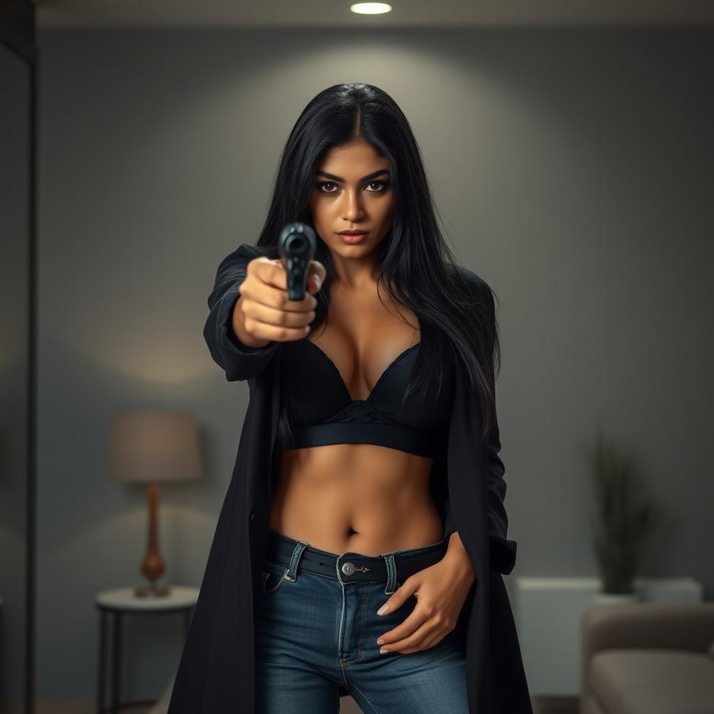 An Indian woman with long black hair wearing a stylish black open coat over a black bra, paired with denim jeans