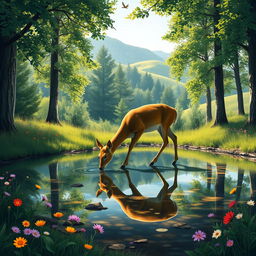 A serene forest scene depicting a thirsty deer drinking from a clear, still pond, surrounded by lush green trees and vibrant wildflowers