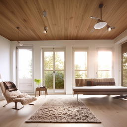 A spacious and well-lit living room with modern furniture, a stylish rug on polished wooden floor and a large window letting in warm sunlight.