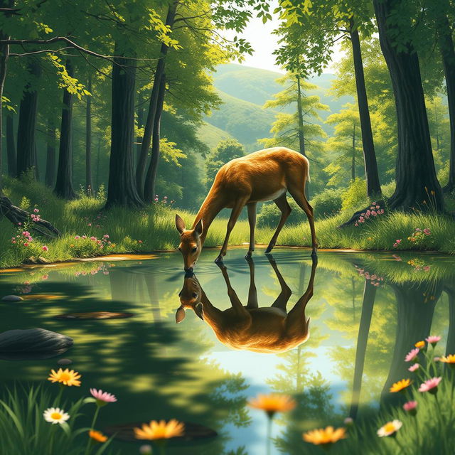 A serene forest scene depicting a thirsty deer drinking from a clear, still pond, surrounded by lush green trees and vibrant wildflowers