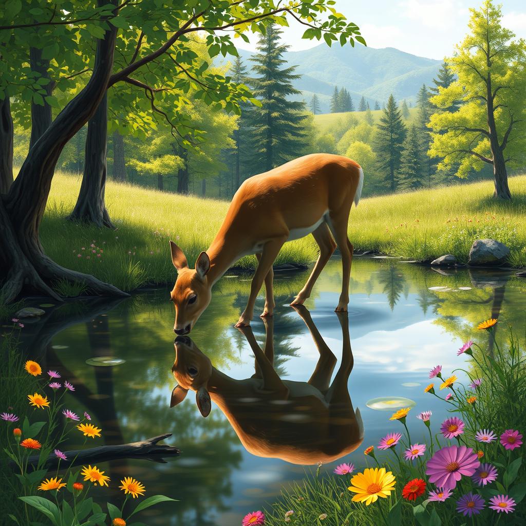 A serene forest scene depicting a thirsty deer drinking from a clear, still pond, surrounded by lush green trees and vibrant wildflowers