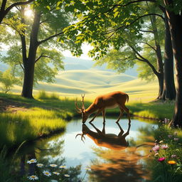 A serene forest scene depicting a thirsty deer drinking from a clear, still pond, surrounded by lush green trees and vibrant wildflowers