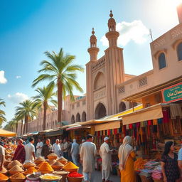A vibrant and bustling marketplace scene in a Middle Eastern city, showcasing various stalls filled with colorful textiles, spices, and traditional crafts