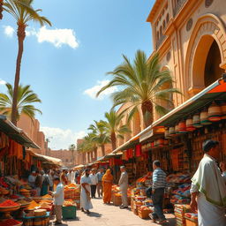 A vibrant and bustling marketplace scene in a Middle Eastern city, showcasing various stalls filled with colorful textiles, spices, and traditional crafts