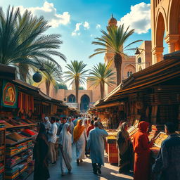 A vibrant and bustling marketplace scene in a Middle Eastern city, showcasing various stalls filled with colorful textiles, spices, and traditional crafts