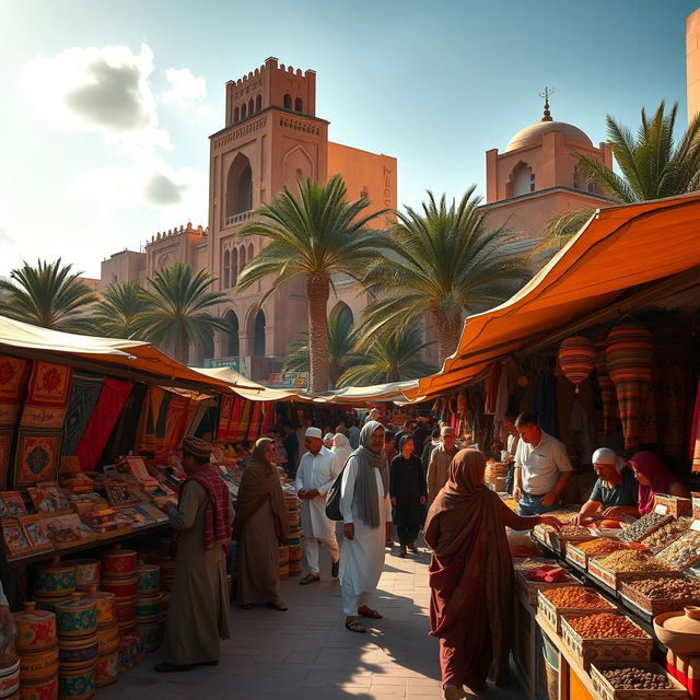 A vibrant and bustling marketplace scene in a Middle Eastern city, showcasing various stalls filled with colorful textiles, spices, and traditional crafts