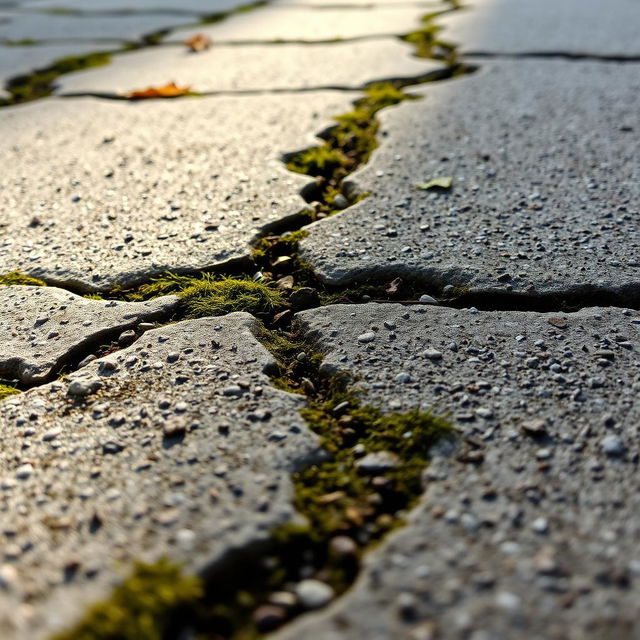 A stunning close-up photo of a pavement surface, highlighting the unique details such as small pebbles, cracks, and weathered areas