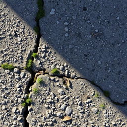 A stunning close-up photo of a pavement surface, highlighting the unique details such as small pebbles, cracks, and weathered areas