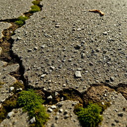 A stunning close-up photo of a pavement surface, highlighting the unique details such as small pebbles, cracks, and weathered areas
