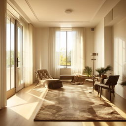 A spacious and well-lit living room with modern furniture, a stylish rug on polished wooden floor and a large window letting in warm sunlight.