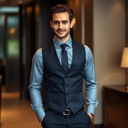 A stylish man wearing a gray shirt, a black vest, a black tie, and black pants
