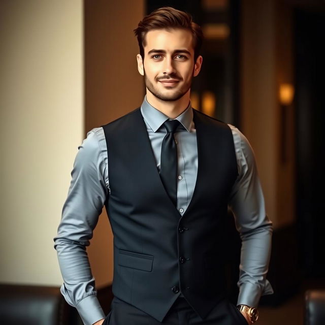 A stylish man wearing a gray shirt, a black vest, a black tie, and black pants