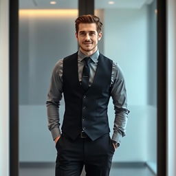 A stylish man wearing a gray shirt, a black vest, a black tie, and black pants