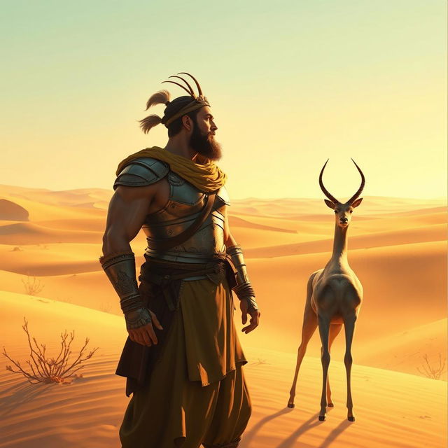 Rostam, a legendary hero from Persian mythology, standing in a vast desert landscape, parched and thirsty, gazing at a graceful gazelle in the distance