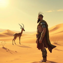 Rostam, a legendary hero from Persian mythology, standing in a vast desert landscape, parched and thirsty, gazing at a graceful gazelle in the distance