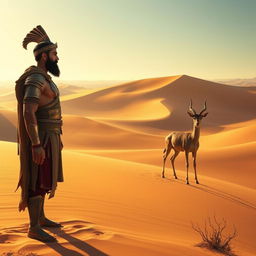 Rostam, a legendary hero from Persian mythology, standing in a vast desert landscape, parched and thirsty, gazing at a graceful gazelle in the distance