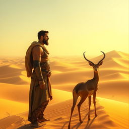 Rostam, a legendary hero from Persian mythology, standing in a vast desert landscape, parched and thirsty, gazing at a graceful gazelle in the distance