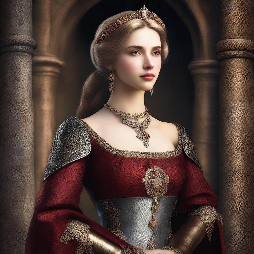 A digital art of a confident woman in medieval attire