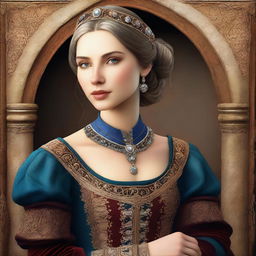 A digital art of a confident woman in medieval attire