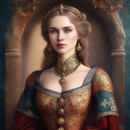 A digital art of a confident woman in medieval attire