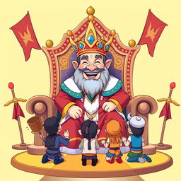 A cartoon-style illustration of King Wart, also known as Mamu, sitting regally on a grand throne