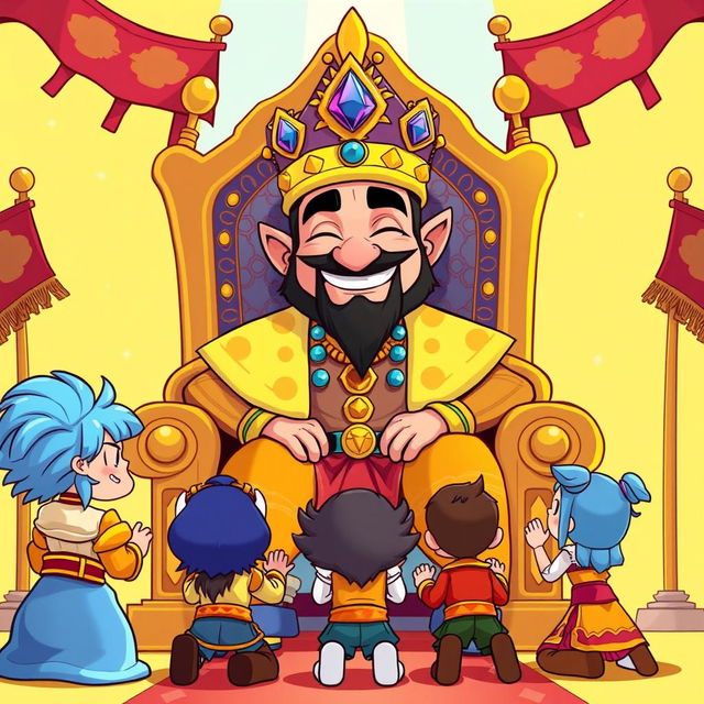 A cartoon-style illustration of King Wart, also known as Mamu, sitting regally on a grand throne