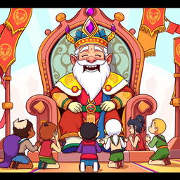 A cartoon-style illustration of King Wart, also known as Mamu, sitting regally on a grand throne
