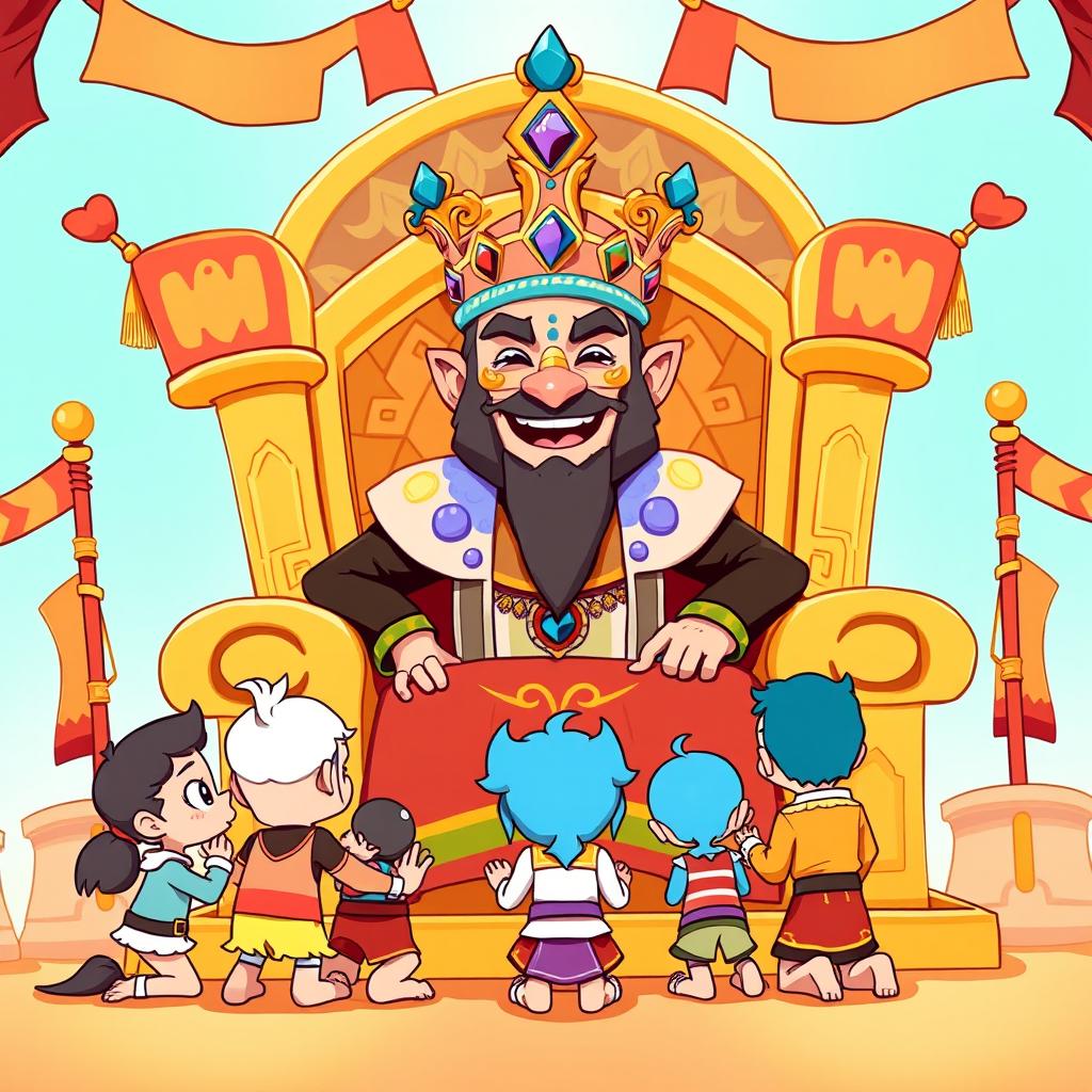 A cartoon-style illustration of King Wart, also known as Mamu, sitting regally on a grand throne