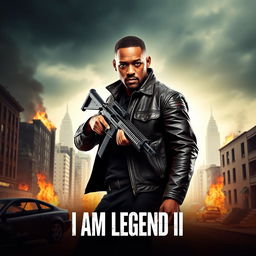 An action-packed movie poster for 'I AM LEGEND II' featuring Will Smith as the central character, wearing a rugged leather jacket and holding what appears to be a submachine gun