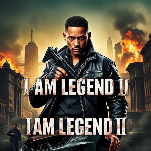 An action-packed movie poster for 'I AM LEGEND II' featuring Will Smith as the central character, wearing a rugged leather jacket and holding what appears to be a submachine gun