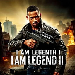 An action-packed movie poster for 'I AM LEGEND II' featuring Will Smith as the central character, wearing a rugged leather jacket and holding what appears to be a submachine gun