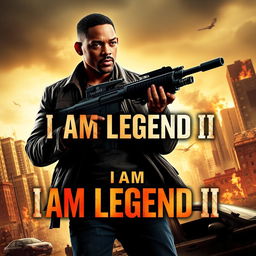 An action-packed movie poster for 'I AM LEGEND II' featuring Will Smith as the central character, wearing a rugged leather jacket and holding what appears to be a submachine gun