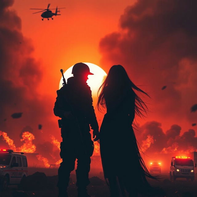 An intense, cinematic scene depicting a war or disaster