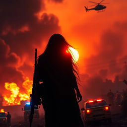 An intense, cinematic scene depicting a war or disaster