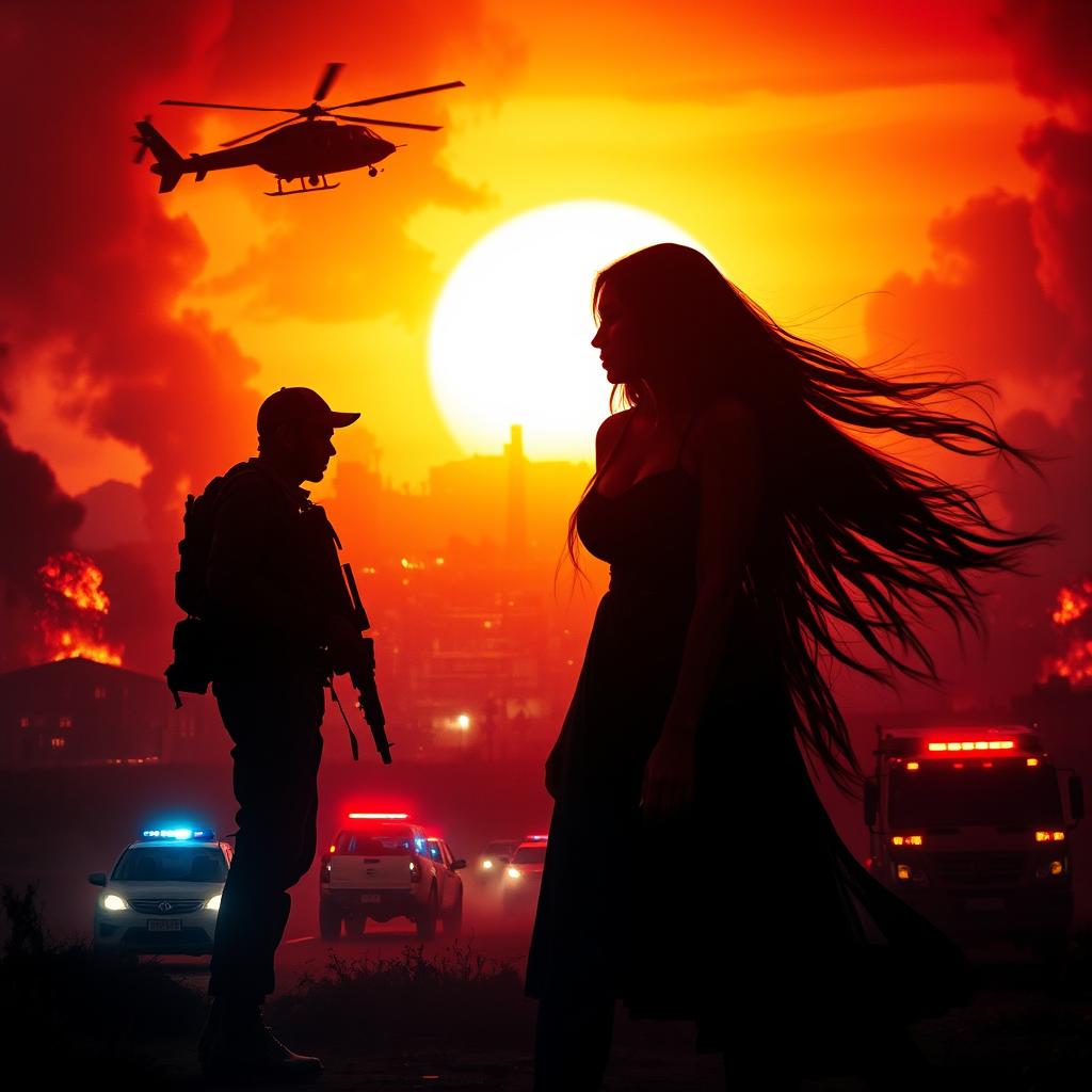 An intense, cinematic scene depicting a war or disaster