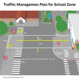 A detailed diagram illustrating a traffic management plan for a school zone